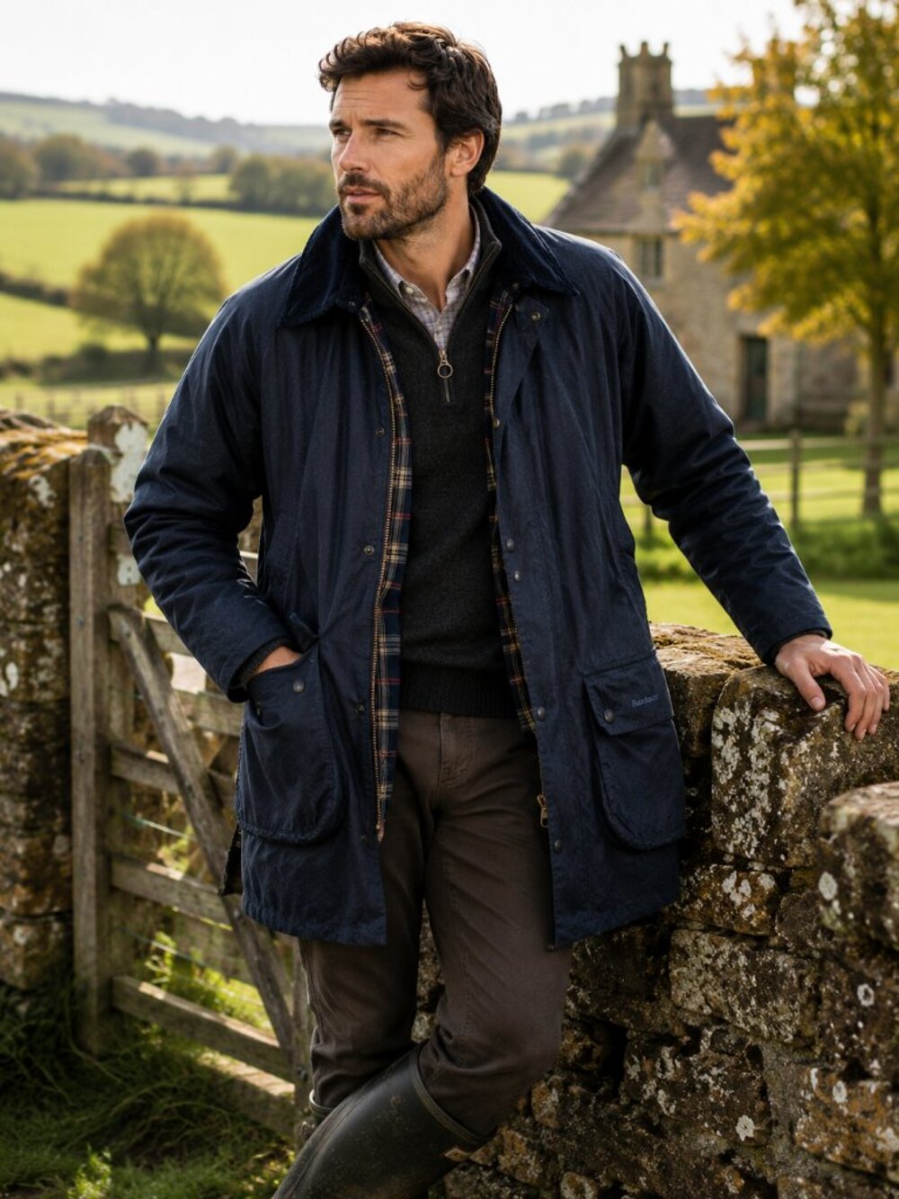 Barbour Border Waxed Cotton Jacket C40 Blue Made in England Classic Coat